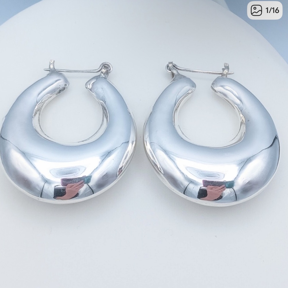 Vintage Sterling Silver BIG Puff Hoop Earrings